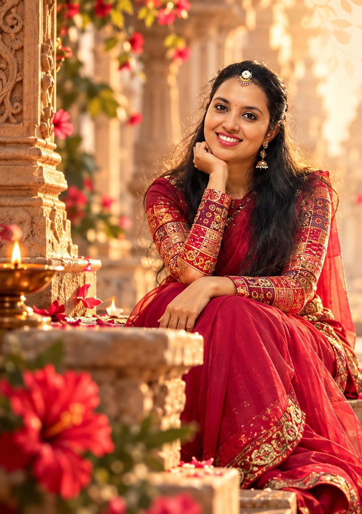 Anjaly Warrier seated beside a sacred river