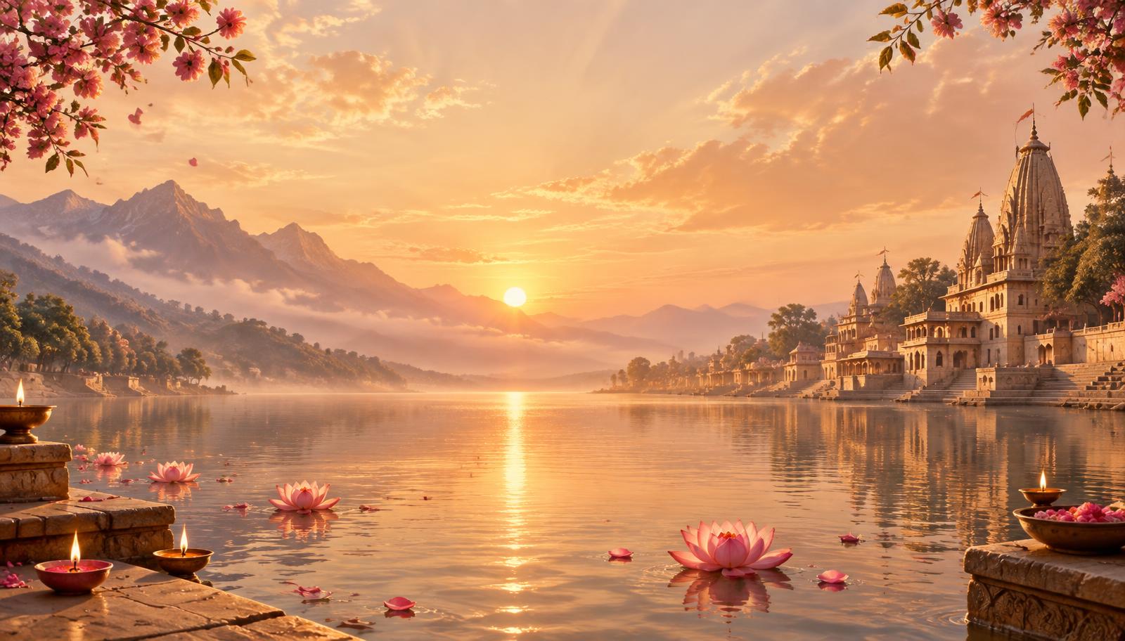 A peaceful sacred river at sunrise with lotus flowers and distant temples