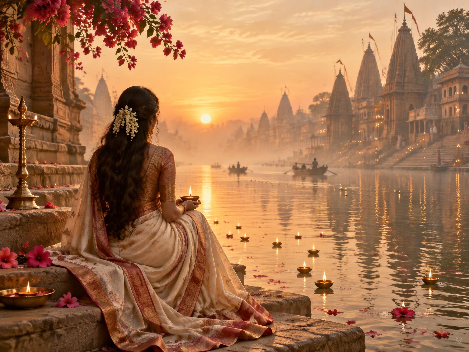 A woman holding a glowing diya beside a sacred river at sunrise